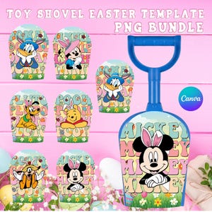 May include: A blue plastic toy shovel with a D-shaped handle. The shovel features a colorful design with Mickey Mouse and the text "MICKEY". Surrounding the shovel are several Easter-themed templates with Disney characters like Donald Duck and Pluto.