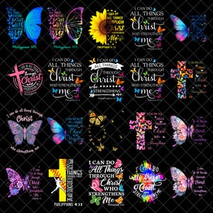 Puede incluir: Una colección de diseños gráficos con mariposas, cruces y girasoles. Cada diseño incluye el texto "Todo lo puedo en Cristo que me fortalece" de Filipenses 4:13. Los diseños son de varios colores sobre un fondo negro.