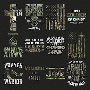 Puede incluir: Una colección de gráficos con patrones de camuflaje con temas religiosos y patrióticos. El texto incluye frases como "Armadura de Dios", "Fe sobre el miedo" y "Soy un soldado de Cristo". El diseño incorpora cruces, la bandera estadounidense e insignias militares.