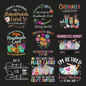 Puede incluir: Una colección de diseños gráficos con texto e ilustraciones relacionadas con la creación de tarjetas y manualidades. Los diseños presentan frases como "Handmade Card", "Cardmaker" y "I'm Retired". La paleta de colores incluye varios colores sobre un fondo negro.