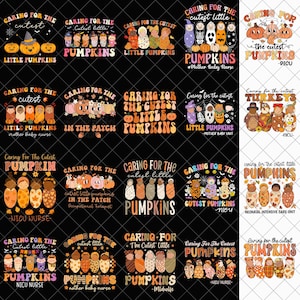Puede incluir: Una colección de diseños gráficos con la frase "Caring for the Cutest Little Pumpkins". Los diseños incluyen ilustraciones de calabazas, bebés y texto, con variaciones para diferentes roles médicos como enfermeras de la UCI neonatal y matronas.