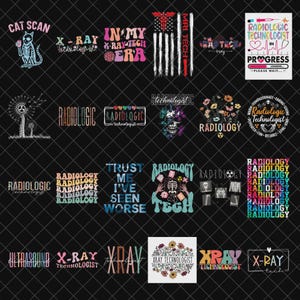 Op de afbeelding: Een verzameling grafische ontwerpen met medische thema's. Ontwerpen bevatten tekst zoals "CAT SCAN", "X-RAY", "RADIOLOGY" en "XRAY TECHNOLOGIST". De ontwerpen bevatten verschillende lettertypen, kleuren en illustraties, waaronder een kat, bloemen en medische symbolen.