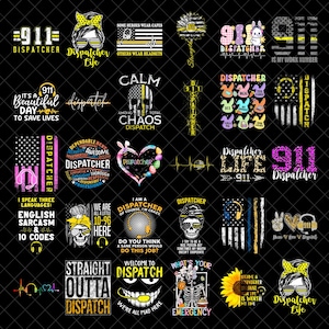 Könnte beinhalten: Eine Sammlung von Grafikdesigns mit dem Text "911 Dispatcher" und zugehörigen Bildern. Designs beinhalten Schädel, Flaggen und Sätze wie "Straight Outta Dispatch" und "Emergency". Die Farbpalette umfasst Schwarz, Gelb und Rosa.