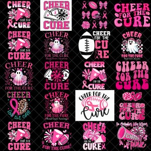 May include: A collection of pink and white graphics with the text "Cheer for the Cure" and related imagery, including footballs, pom-poms, and ribbons. The designs are for breast cancer awareness.