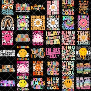 Puede incluir: Una colección de diseños gráficos coloridos con mensajes positivos. Los diseños presentan frases como "Sé amable", "Elige la amabilidad" y "La amabilidad siempre es genial", junto con caras sonrientes y elementos florales. El tema general es la positividad y la amabilidad.