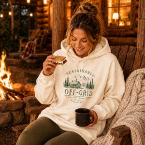 Może przedstawiać: Kremowa bluza z kapturem z napisem "SUSTAINABLY OFF-GRID" i zieloną grafiką chaty. Bluza jest noszona na zewnątrz, z osobą trzymającą s'more i czarny kubek. Część kolekcji slow living homestead.