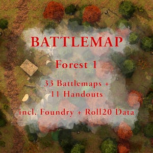 33 cartes de bataille + 11 documents | Pack rencontre aléatoire | Forêt 1 + Taverne en prime | Dessus de table du MDN | Compatible avec FoundryVTT et Roll20