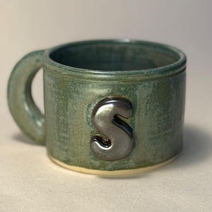 400ml - 13.5 Oz Handmade Initial Mug – Green Wheel Thrown Ceramic Pottery Cup