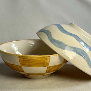Yellow Checkerboard Ceramic Bowl – Handmade Pottery for Kitchen, Salad, Cereal, Minimal Table Decor