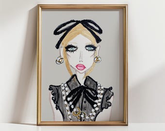 Ilustración de retrato de moda / Lazo negro, collar de perlas (Descarga digital)