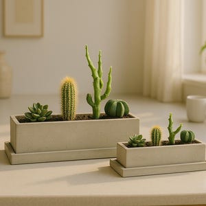 May include: Two concrete planters with a variety of succulents and cacti. The larger planter is rectangular and has a smaller planter sitting on top of it. Both planters are a light beige colour.