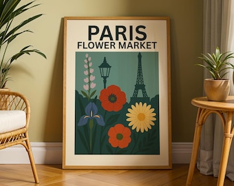Paris Flower Market Print – Vintage Botanical Poster, Floral Wall Art, Retro French Travel Decor