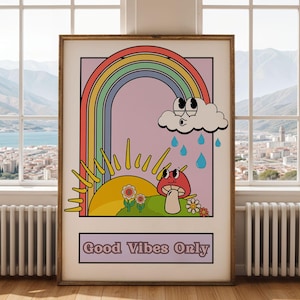 Arte de pared con arcoíris moderno: decoración estética retro de los años 70, obra de arte para habitación bohemia hippie, decoración del hogar de estilo vintage, impresión artística de estilo de dibujos animados, arte de moda