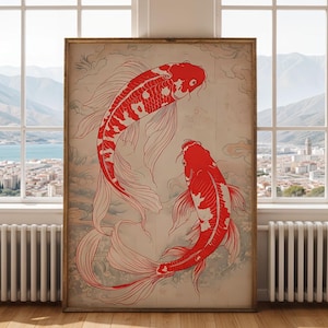 Japandi Koi Fish Wall Art, Japanese Minimalist Decor, Feng Shui, Japanese Poster, Vintage Decor, Trendy Wall Art, Zen Aesthetic Poster