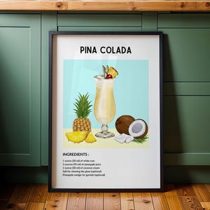 Pina Colada Cocktail Print – Bar Cart Decor, Tiki Drink Poster, Tropical Wall Art, Cocktail Recipe Art, Kitchen Wall Print, Summer Bar Decor
