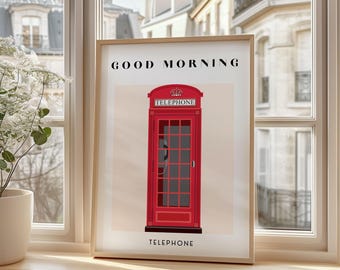 Retro London Travel Print - British Poster, Red Phone Booth Illustration Print