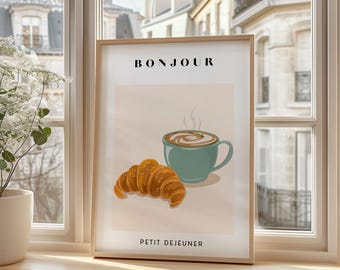 French Breakfast Poster – Bonjour Croissant and Coffee Print, Kitchen Wall Art, Parisian Food Illustration