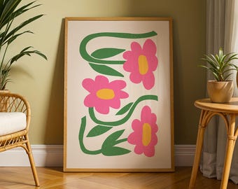 Rosa Blumen Print - bunte abstrakte Wandkunst, minimalistisches Blumen Poster, Boho Wanddeko