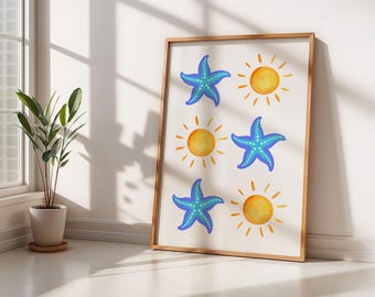 Láminas de estrellas de mar en la playa: decoración de baño costera, arte mural costero, póster de casa de playa