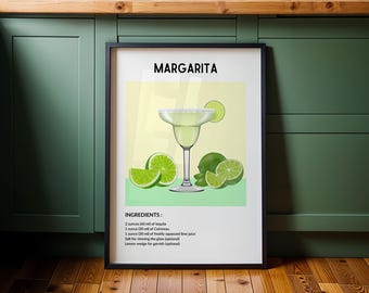 Póster del cóctel Margarita: lámina de bebida de lima para decorar el carrito de bar, receta impresa