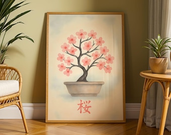 Cherry Blossom Bonsai Poster – Japanese Botanical Wall Art, Sakura Tree Print, Japandi Art