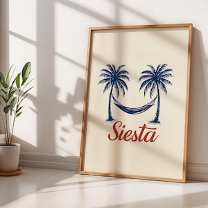 Siesta Palm Tree Wall Art – Retro Beach Poster, Tropical Coastal Print, Vintage Beach Print, Summer Vibes Wall Art, Boho Beach House Print