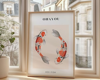Kunst aan de muur koivissen – Japanse aquarelprint, minimalistische natuurposter, Aziatisch geïnspireerde woondecoratie