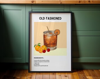 Old Fashioned Cocktail Poster – Whiskey Drink Recipe Print, Bar Cart Wall Art, Kitchen Print