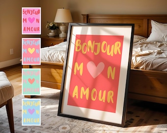 French Love Quote Print – Bonjour Mon Amour-typografie, romantische muurkunst, slaapkamerdecoratie