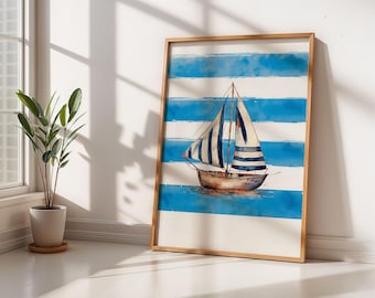 Striped Sailboat Print - Beach House Decor, Coastal Illustration, Ocean Art, Nursery Prints