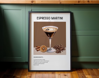 Espresso Martini Poster – Coffee Cocktail Recipe Print, Bar Cart Wall Art, Retro Mixology Illustration
