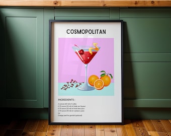 Cosmopolitan Cocktail Poster – Pink Cosmo Drink Recipe Print, Bar Cart Decor, Modern Cocktail Art