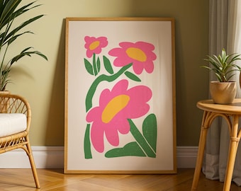 Modern Pink Flower Print - Retro Floral Wall Art, Colorful Botanical Decor, Daisy Art