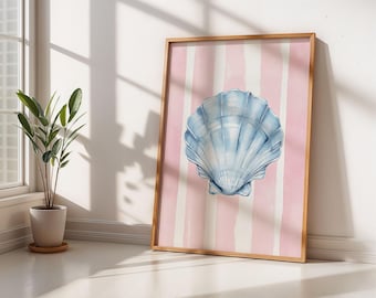 May include: A framed watercolor painting of a blue seashell on a pink and white striped background.