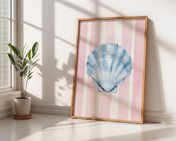 Seashell Wall Art - Coastal Beach Print, Pink Striped Ocean Decor, Nautical Watercolor Poster, Sea Shell Painting, Pastel Beach House Art