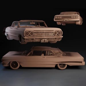 Pode incluir: Três vistas diferentes de um modelo de carro vintage marrom. O carro tem uma grade preta e detalhes cromados. A placa de matrícula diz "MUF DVR".