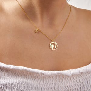 Custom Earth Map Pendant Necklace, Personalized Initial Charm Necklace, Personalized Travel Jewelry, Valentine's Day Gift, Anniversary Gift