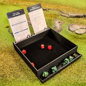 Bandeja de dados para juegos de mesa con soportes para cartas: accesorio de juego elegante y duradero para DnD, juegos de rol, 40k y más
