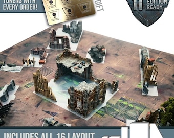 11th Edition Wargaming Terrain Footprints and carry folder: Frosted Ruin Templates, compatible with Warhammer 40k (+6 FREE Obsec Tokens)