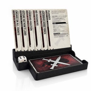 May include: A black card organizer holding six game cards with titles including Plunder, Overwhelming Force, No Prisoners, Forward Position, Secure No Man's Land, and Engage on All Fronts, alongside a white six-sided die and a deck of cards.