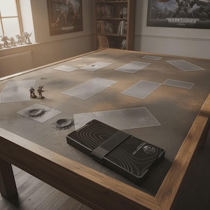 May include: A large, wooden gaming table with a textured surface, featuring clear plastic game mats and miniature figurines. A black case with a strap and a topographic design rests on the table. The table is set in a room with bookshelves and Warhammer posters.