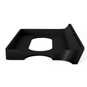 May include: A black, textured plastic tray with a rectangular frame and a central oval cutout. The tray features raised edges on three sides and a sloped, angled back panel, designed with a matte finish and a consistent, solid black color throughout.