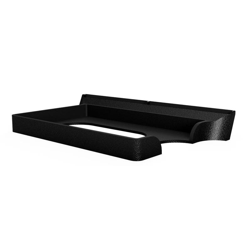 May include: A black rectangular tray with a textured finish, featuring raised edges and a wide, curved cutout on the front side. The tray has a hollow center and a solid, flat base, designed with a low profile and a consistent matte black color.