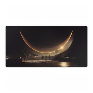 Peut inclure: Tapis de bureau rectangulaire avec un paysage de science-fiction. L'image représente une grande forme de croissant lumineuse avec une planète et des personnages au premier plan. La palette de couleurs est principalement sombre avec des accents dorés.