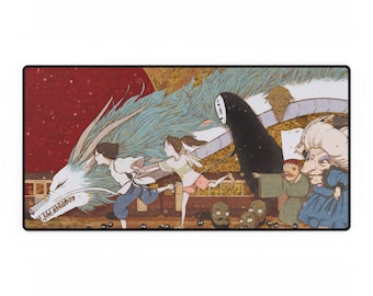 May include: Rectangular mouse mat featuring a colourful illustration from an animated film. The design includes a white dragon, running figures, and other characters against a red and gold background. The mouse mat has a black border.