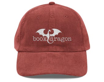 Book Dragon Embroidered Corduroy Cap, Reading Enthusiast Gift, Literary Lover Hat