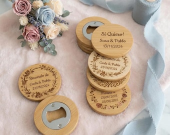 Personalized wooden bottle openers for wedding guests