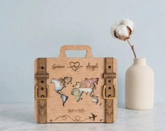 Personalized wooden suitcase to give money as a wedding gift