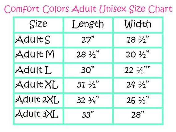 Comfort Colors Pocket Tee Size Chart