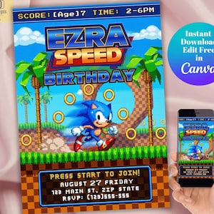 May include: A birthday invitation with a video game theme, featuring the text "Ezra Speed Birthday". The design includes a blue hedgehog character, palm trees, and gold rings. The invitation also includes the text "Press Start to Join!" and event details.
